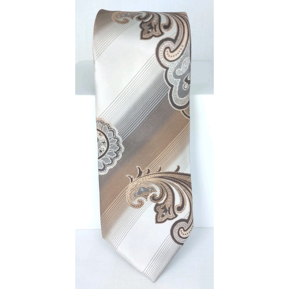 Bruno Conte by Don Jonathan Brown White Paisley 100% Microfiber Tie‎ 3.5"x60"